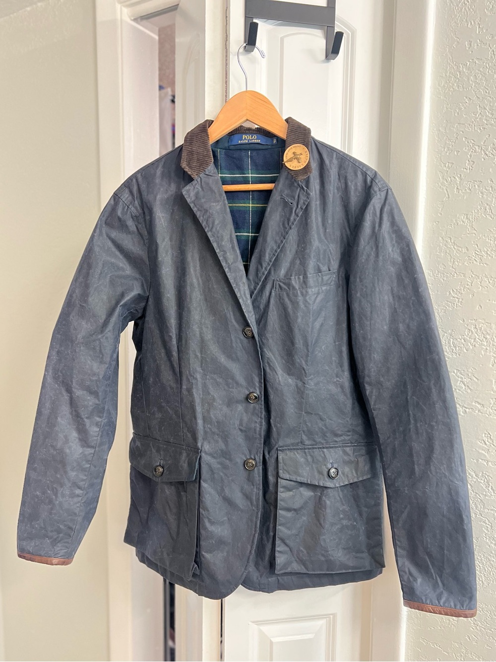 NWT Vtg Polo Ralph Lauren Navy Waxed Cotton Field Coat with Corduroy Collar - Picture 1 of 11